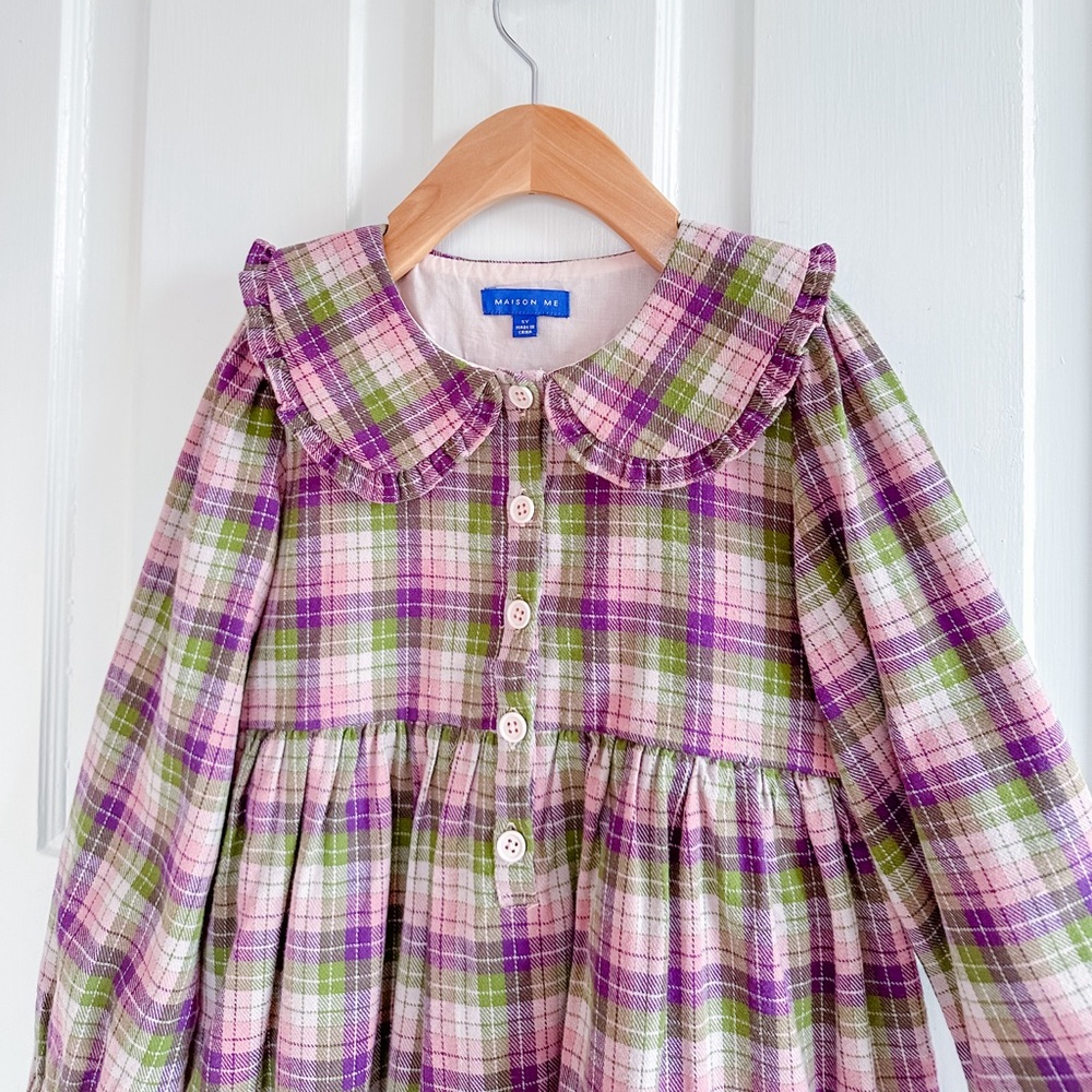 Plaid Long-Sleeve Kids Dress - Picture 3 of 12